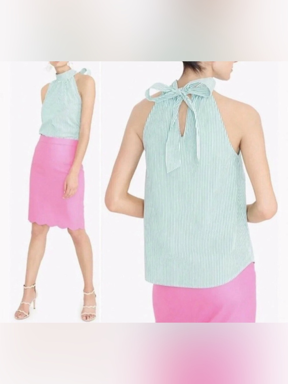 J. By J. CREW Stripe Printed Tie Neck Poplin Sleeveless Blouse Top 6 Green White